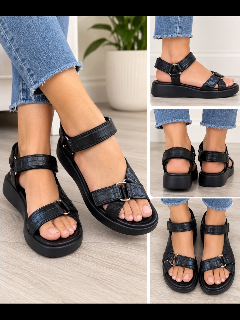 AEROSOLES Black Croc-Embossed Strappy Sandals